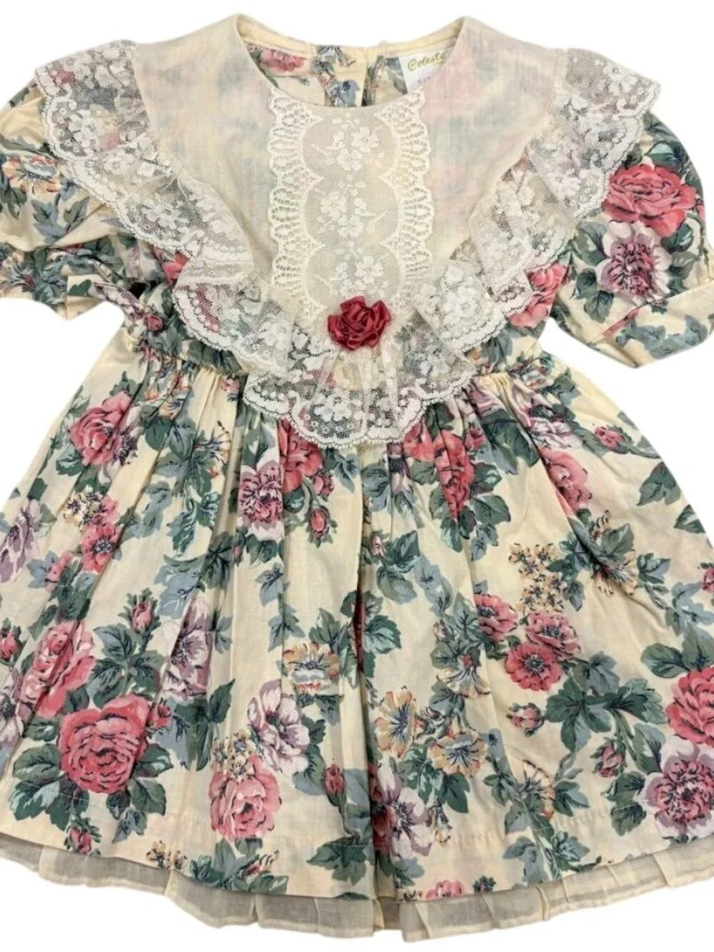 Vintage Victorian 3T Girls Floral Lace Collar Dress Puff Sleeves